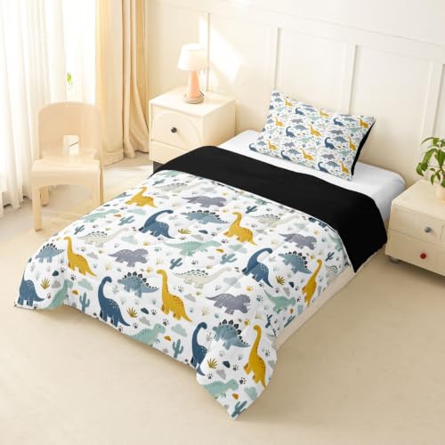 Image of Feelyou Dinosaur Kids Comforter Set Toddler Size 3D Dino Print Bedding Set Jungle Dino Duvet Quilt for Kids Boys Girls Bedroom Wild Animal Decor Microfiber Ultra Soft Breathable