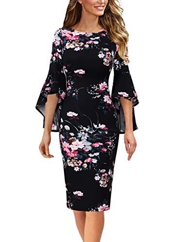 Vfshow Womens Black Multicolor Floral Print Bell Sleeves Cocktail Casual Party Bodycon Pencil Sheath Dress 3677 FLW L