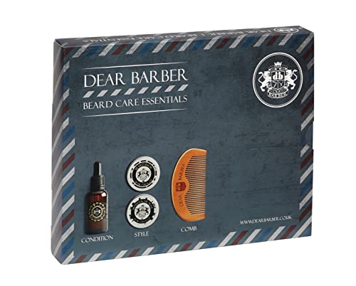 Dear Barber BEARD CARE ESSENTIALS Gift Set for Men – Includes Beard Oil 30ml, Beard Balm 30ml, Moustache Wax 25ml & Pear Wood Beard Comb - Beard Grooming Kit