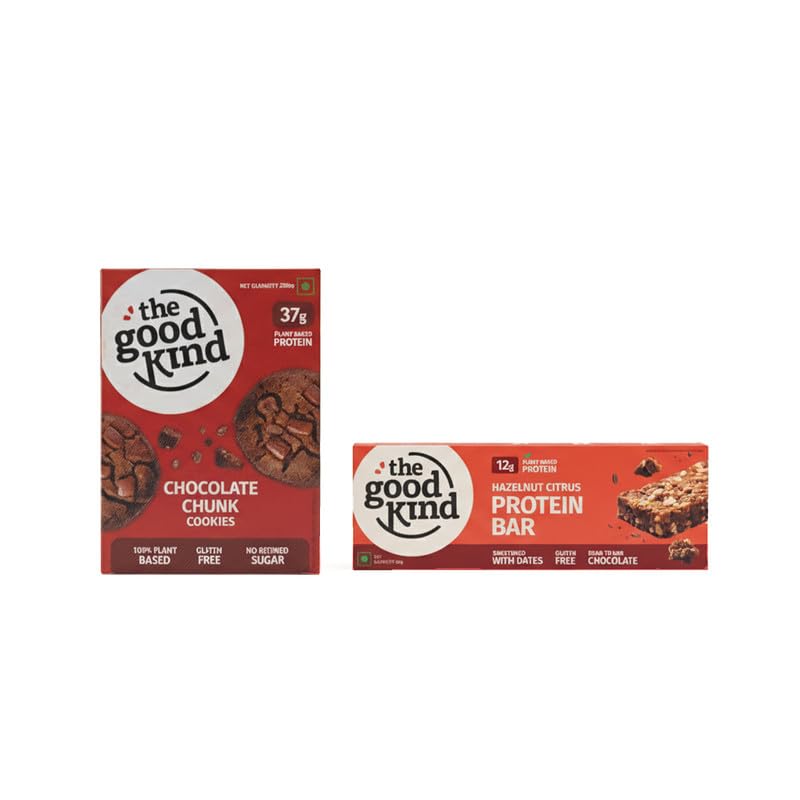 Image of The Good Kind Chocolate Chunk Cookies (1 Pack) & Hazelnut Citrus Protein Bar (2 Pack), Plant Based Protein Cookies with Bar, Perfect for Snacking, Gluten Free, Palm Oil free & Vegan (Combo Pack of 3)