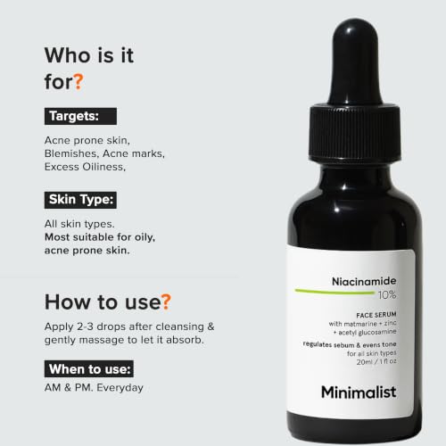 Image of Minimalist 10% Niacinamide Serum with Zinc - Reduces Acne Marks, Controls Oil & Minimizes Pores | Vitamin B3 for Blemish-Free, Clear Skin | For Oily & Acne-Prone Skin | 20 ml