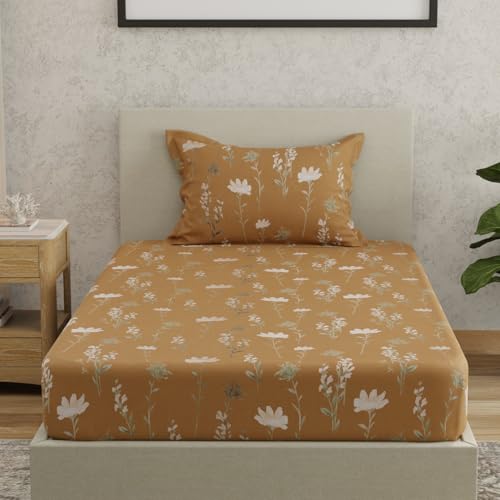 Image of HUESLAND by Ahmedabad Cotton 144 TC Cotton Elastic Fitted Bedsheet for Single Bed with 1 Pillow Cover | 36 x 78 inches
