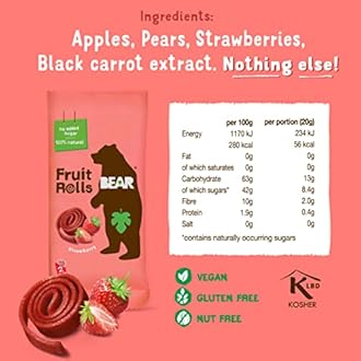 BEAR Fruit Rolls Strawberry - 100% Natural Ingredients - No added sugar - Healthy School And Lunch Snacks For Kids And Adults - 5 x 20g (Pack of 2)