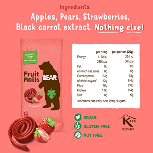 BEAR Fruit Rolls Strawberry - 100% Natural Ingredients - No added sugar - Healthy School and Lunch Snacks for Kids and Adults - 18 x 20g