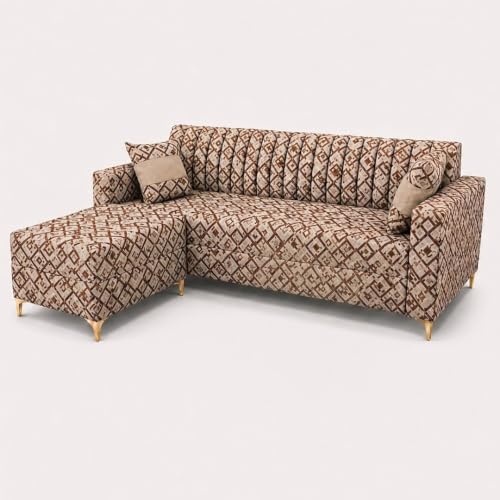 Image of FURNY Signature Regalia 4-Seater L-Shape Sofa Set with Movable Ottoman | Flexible LHS /RHS Layout | Tapestry Fabric | 40D Foam + Zigzag Spring | 3-Yr Warranty (Sienna Mosaic Brown)