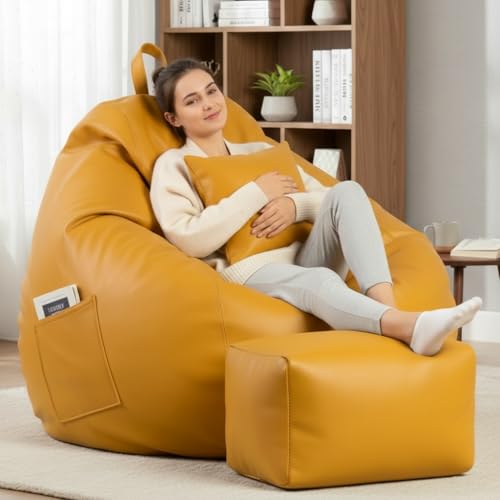 Image of KAM'S LIEU 5XL Luxury Faux Leather Bean Bag with Footrest & Cushion | Pre-Filled High-Density Polystyrene Beans | Premium Leatherette | 6 Months Warranty Color- (Yellow, with Footrest)