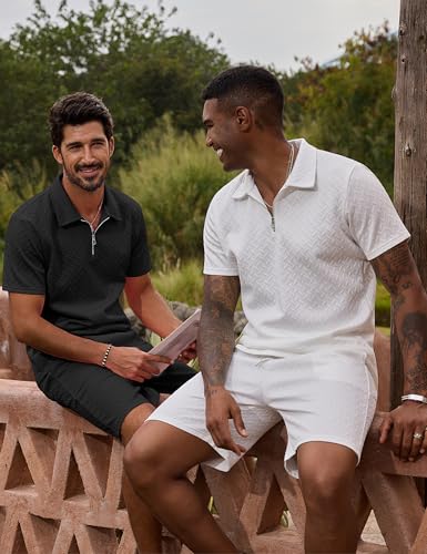 Image of URRU Mens Textured Polo Shirt and Shorts Sets Outfits 2 Piece Summer Tracksuits Casual Quarter Zip Golf Polo Shirts