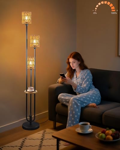 Image of 63IN Dimmable Floor Lamp with Shelf, Black Rattan Tall Standing Lamps Candle Holder Style, 3000K Warmwhite Mid Century Modern Floor Lamp with 5Lbs Heavy Base for Living Room (Bulbs Included)