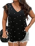SOLY HUX Women's Plus Size Blouse Lace Mesh Cap Sleeve Shirts Pearl V Neck Summer Shirt Tops Solid Black 2XL