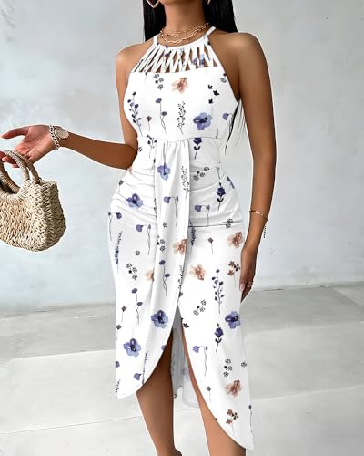 Image of CHICME Womens Halter Floral Print Bodycon Midi Dress