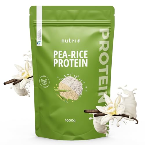 Nutri + Vegan Protein Pulver ohne Soja, Gluten, Laktose und Zucker - Vanille 1000 g - Erbsen Reis Proteinpulver - Pea Rice Eiweißpulver Vegan 1 kg