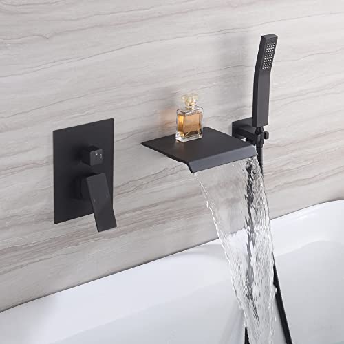 Set de grifería para bañera Waterfall con pulverizador, caño de pared y ducha de mano en negro mate miniatura 1
