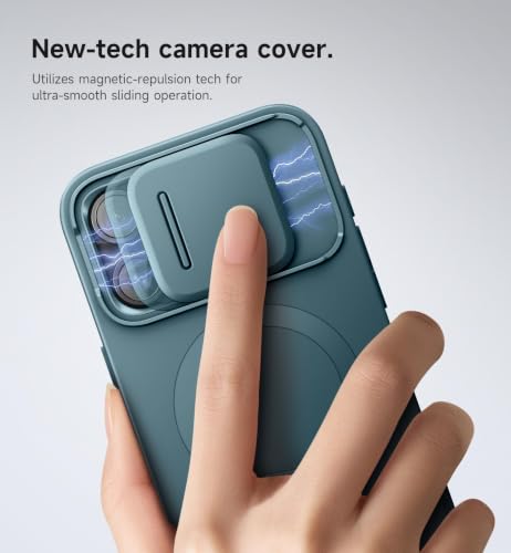 Image of SURITCH for iPhone 15 Pro Max Case with Magnetic Camera Slide Cover and Adjustable Kickstand, Compatible with MagSafe, Shockproof Bumper Case Slim Protective Cover 6.7 Inch, Lake Green