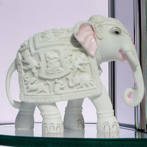 White Elephant Statue Trunk Down Hathi Figurine Big Size 7 inch Elephant Marble Resin Decorative Showpiece for Vastu, Study Room, Work Table, Gifting (7 x 8 inch) — photo — 3 of 9