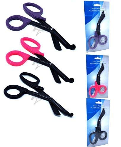Set of 3 (Black Pink Purple) Fluoride Coated Trauma Paramedic EMT Shears Scissors 7.5" (A2Z Brand)