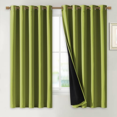 Image of NICETOWN 100% Blackout Lined Curtains, Fresh Green, 1 Pair, 62 inch Width x 63 inch Length Each Panel, 2 Thick Layers Completely Blackout Window Treatment Thermal Insulated Drapes for Kitchen /Bedroom