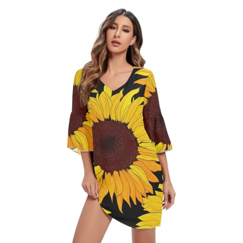 Robe d'été à manches 3/4 jaune tournesol noir fluide et légère style décontracté