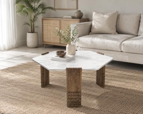 Image of The Attic Marvo Coffee Table Set of 2 for Living Room, Hexa Shape, Wooden Carved Legs, White Marble and Natural Wood