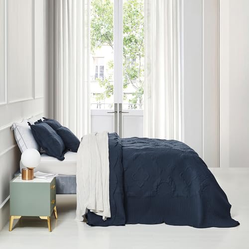 Image of HZ & HY Oversized King Bedspread 128x120 Extra Wide, Stitched Damask Quilt Set King /Cal King, Lightweight Reversible Coverlet, Scalloped Edge - Deep Classic Look, 5 Piece, Polar Night
