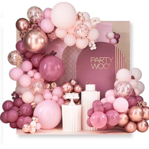 PartyWoo Dusty Rose Balloon Arch Kit, 140 pcs Pink Balloon Garland Kit, Rose Gold Balloons, Metallic Balloons for Dusty Pink Birthday Decorations Women, Bridal Shower, Wedding, Bachelorette Party