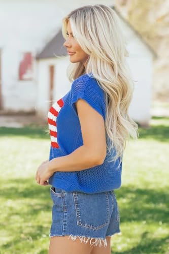 Image of Womens American Flag Sweater Cap Sleeve Summer Crop Tops Crew Neck Loose Fit Knit Sweater Pullover Top