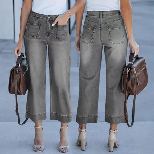 Wide Leg Cropped Jeans for Women Baggy High Waisted Boyfriend Jeans Trendy Stretchy Mom Jean with Front Pockets3