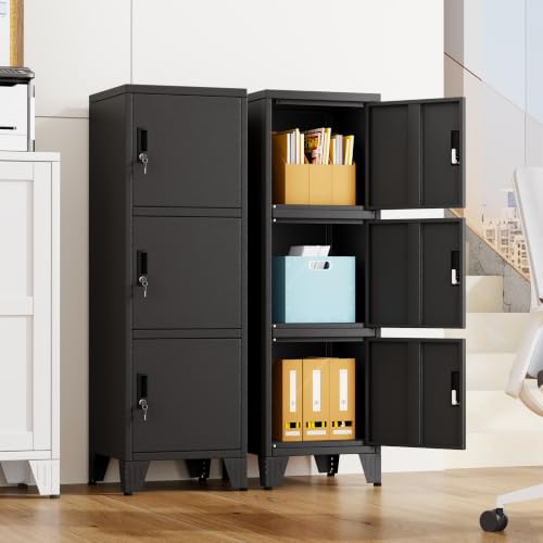Image of PAOFIN Metal Narrow Storage Lock Cabinet | 47 inch Filing Cabinets with 3 Locker Drawers for Home Office, Bathroom, Living Room, Dinning Room (Black)