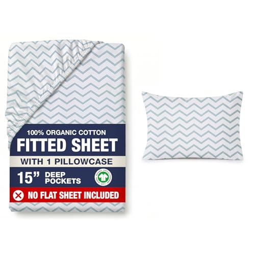 LANE LINEN 100% Organic Cotton Twin XL Fitted Sheet, 2-Piece Set (1 Fitted Sheet, 1 Pillowcase), Percale Weave, Lightweight, Soft, Breathable, Fits Mattress Upto 15' Deep - Cool Blue Chevron