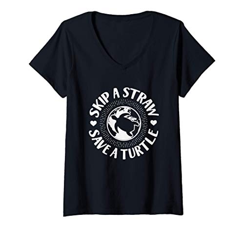 Mujer Skip A Straw Save A Turtle Environmentally Conscious Camiseta Cuello V