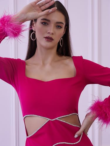 Image of ATHENA LIFESTYLE Fuchsia Embellished Fur Sleeves Dress