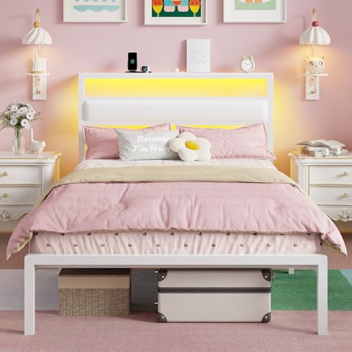 Image of OURPIC Twin Bed Frames for Kids, White Leather Twin Size Bed Frame with Charging Station & LED Lights, Metal Platform Bedframe with Upholstered Headboard and Storage Shelf, Easy Assembly
