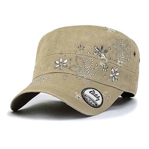 ililily Crystal Gemstone Stud Flower Vintage Cotton Military Army Hat Short Brimmed Cadet Cap (Large, Beige Flower)