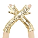 Elerevyo Women's Faux Leather Long Sleeve Fingerless Gloves Arm Warmers for Cosplay Fashion One Size Gold