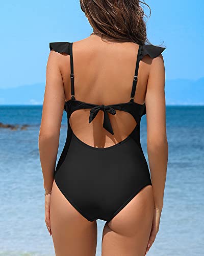 Charmo Womens Ruffle Retro One Piece Swimsuit Ruched Tummy Control Bathing Suit Backless Monokini Swimwear (Black,Large) #TOP2