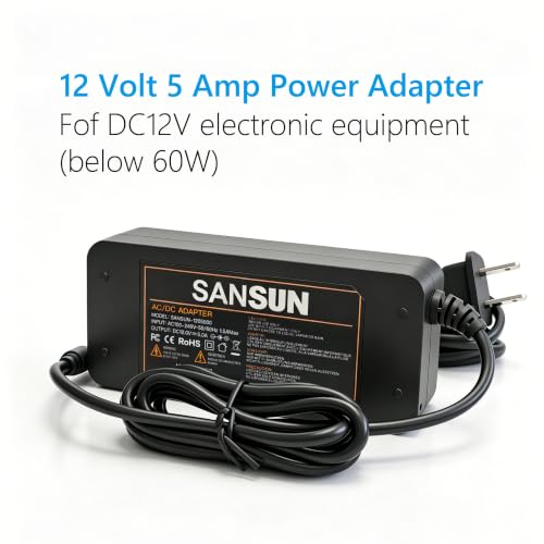 Image of 12V 5A Power Supply, AC 120V to DC12V 5.5x2.1mm Jack Converter, 12 Volt LED Driver 60W Adapter Transformer for Strip Lights, Surveillance Cameras, External HDD, Monitor, CCTV (Pack of 1)
