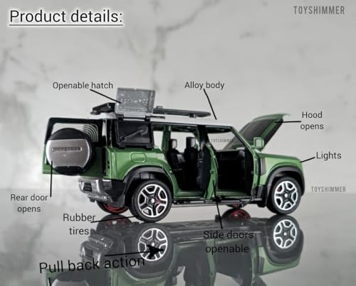 Image of LRover Defender Die-Cast Toy Car 1:32 Scale, Alloy Body, 16cm, Pull Back Action, Openable Doors and Hood (Green Color as in Image)