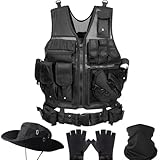 SANYETS Tactical Mesh Vest, Black Lightweight Airsoft Vest for Men,Army Lightweight Vest with Detachable Holster,Belt and Cap,Gloves,Balaclava for Military Costume, Men's Tactical Airsoft Gear