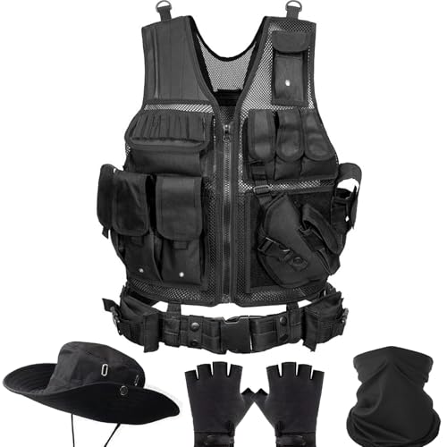 SANYETS Airsoft Vest,Tactical Molle Vest with Pouches,Cap,Gloves,Balaclava for Military Costume,Men's Airsoft Tactical Gear, Mesh-black, One Size