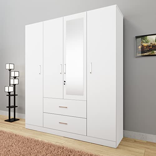 Image of VIKI Wardrobe | Wooden Almirah for Clothes,Door for Bedroom, 4 Door Wardrobe with Drawer, Mirror & Hanging Space (Frosty White - 40D x 160W x 180H) | 1 Year Warranty | Free Assembly