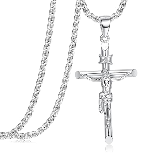 Besteel Sterling Silver Crucifix Necklace for Men Women - Men's Silver Crucifix Pendant Necklace with Stainless Steel Rope Chain Catholic Baptism Jesus Cross Necklace Jewelry