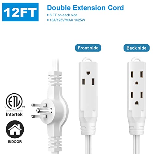 Twin Extension Cord Power Strip, 12 Ft Double Extension Cord Splitter(6 Ft Each Side), Flat Head (Wall Hugger) Outlet Plug, 3 Prong Plug, 6 Polarized Outlets, 16 Awg, Pvc Wire Insulation (White) #TOP1