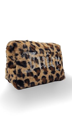 Juicy Couture Brown Makeup Bag Cosmetics Organizer Travel Essentials Zip Top Wedge Leopard Print Faux Fur Rhinestone3