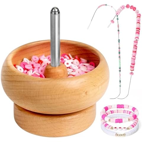 Tilhumt Bead Spinner for Jewelry Making, Effortless Rotating Wooden Clay Bead Spinner with 2 Big Eye Beading Needles and 3000 Seed Beads, Beading Supplies for Making Waist, Bracelets, Necklace Cover