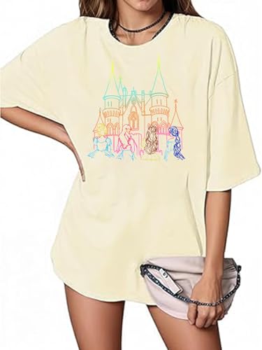 Magical Shirt for Women Oversized Fairy Tale Graphic Tops Cute Summer Family Holiday Short Sleeve Tee Apricot