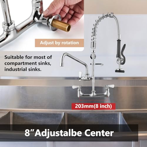 GBBNE Commercial Kitchen Faucet with Pull Down Sprayer, Wall Mount Commercial Kitchen Sink Faucet with Add-on Swing Spout, 8 Inch Center, Polished Chrome, 25\" Height - Thumbnail 7