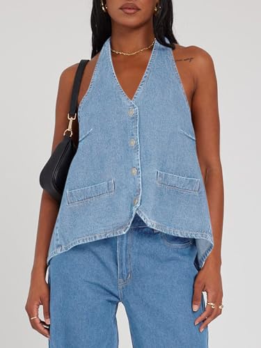 Image of Tankaneo Womens Halter Denim Vest Tops Summer Sleeveless Open Back Y2K Going Out Jean Tank Tops V Neck Button Up Waistcoat