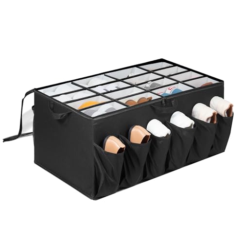 STORAGEIDEAS Shoe Organizer for Closet, Shoe Storage Solution with Clear Cover & Adjustable Dividers, Fabric Shoe Box Fits 16 +12 Pairs Shoes, Black, 1-Pack