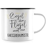JUNIWORDS Emaille-Tasse, Engel ohne Flügel nennt man Karosseriebaumeister, Schwarzer Tassenrand (5169085)