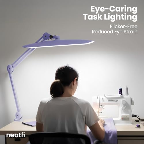 Image of Neatfi XL 2200 Lumens 24W LED Desk Lamp - Shadow-Free Task Lighting | 4-Level Dimming | Home Office & Crafts Use | 20-Inch Wide Head (Lavender, Non-CCT with Clamp)