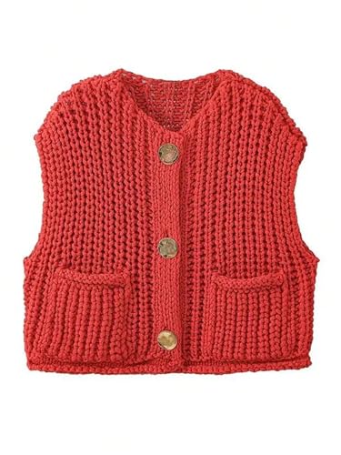 GORGLITTER Women's Button Up Sweater Vest Top Knitted Crewneck Sleeveless Open Front Cardigan4